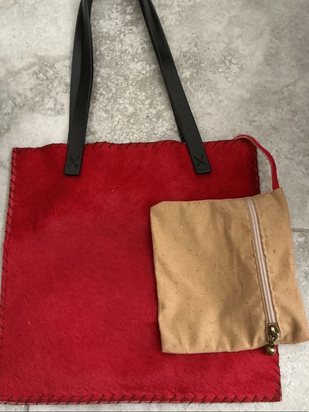 Red Calf-Hair Tote with Black Leather Handles by Adriana Caras Made in Italy 🇮🇹 - Picture 2 of 6